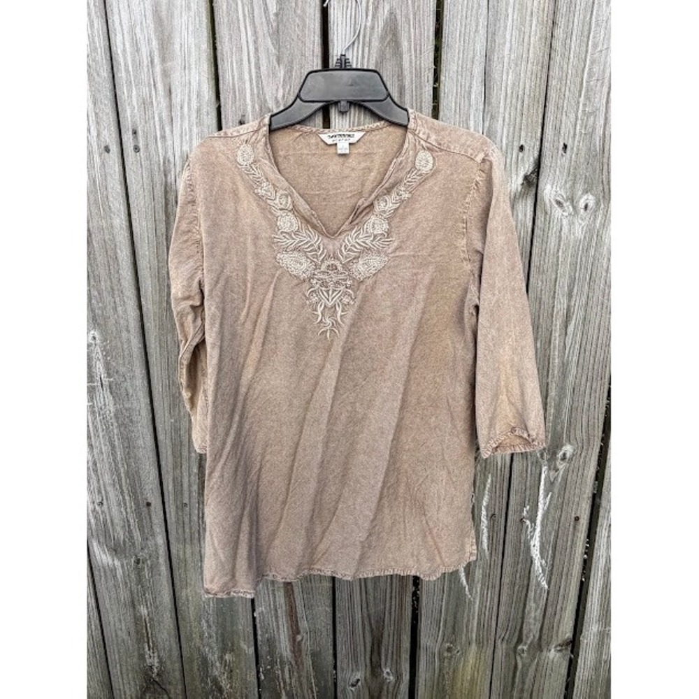 Boho Embroidered Tantrums Tunic Top Large Tan V-Neck 3/4 Sleeve Peasant Blouse